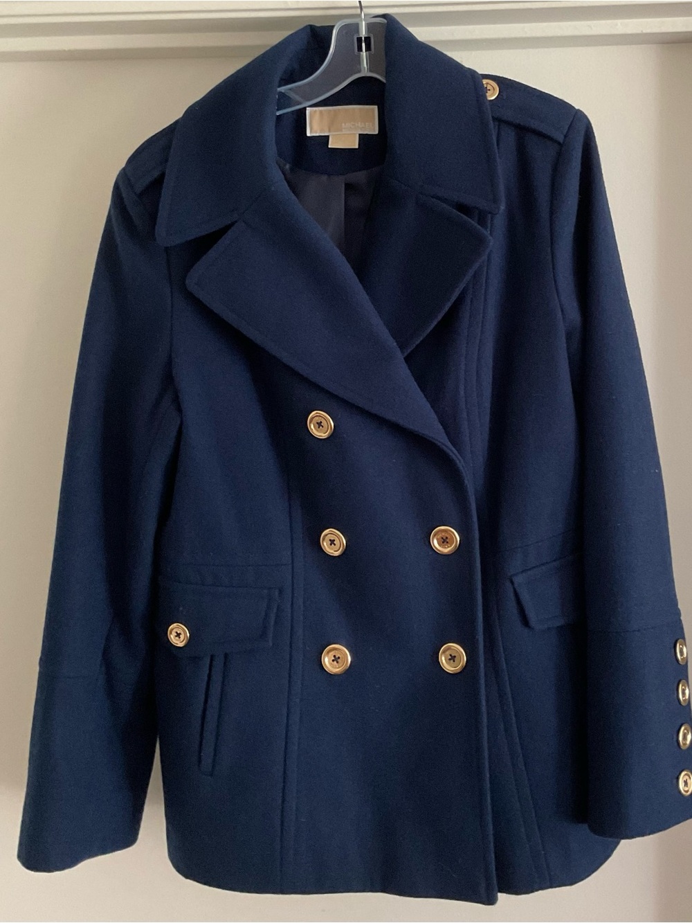 Michael Kors Navy Double-Breasted Pea Coat with Gold Buttons